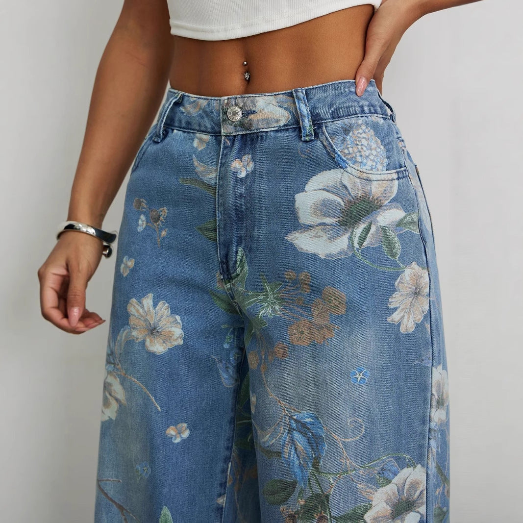 Painted Floral Baggy Wide Leg Denim Jeans - Blue - 4