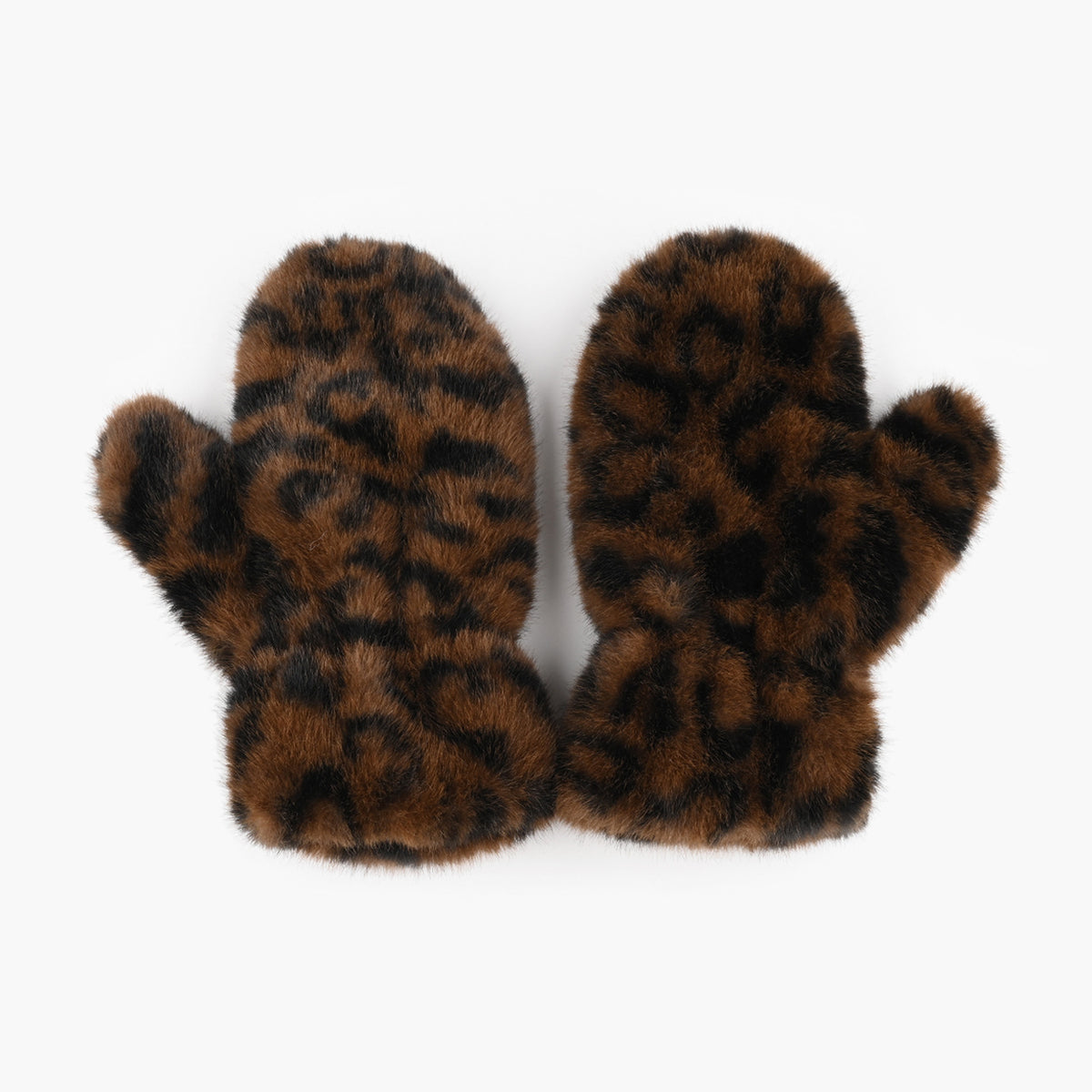 Fuzzy Faux Fur Leopard Sherpa Lined Mittens - Coffee