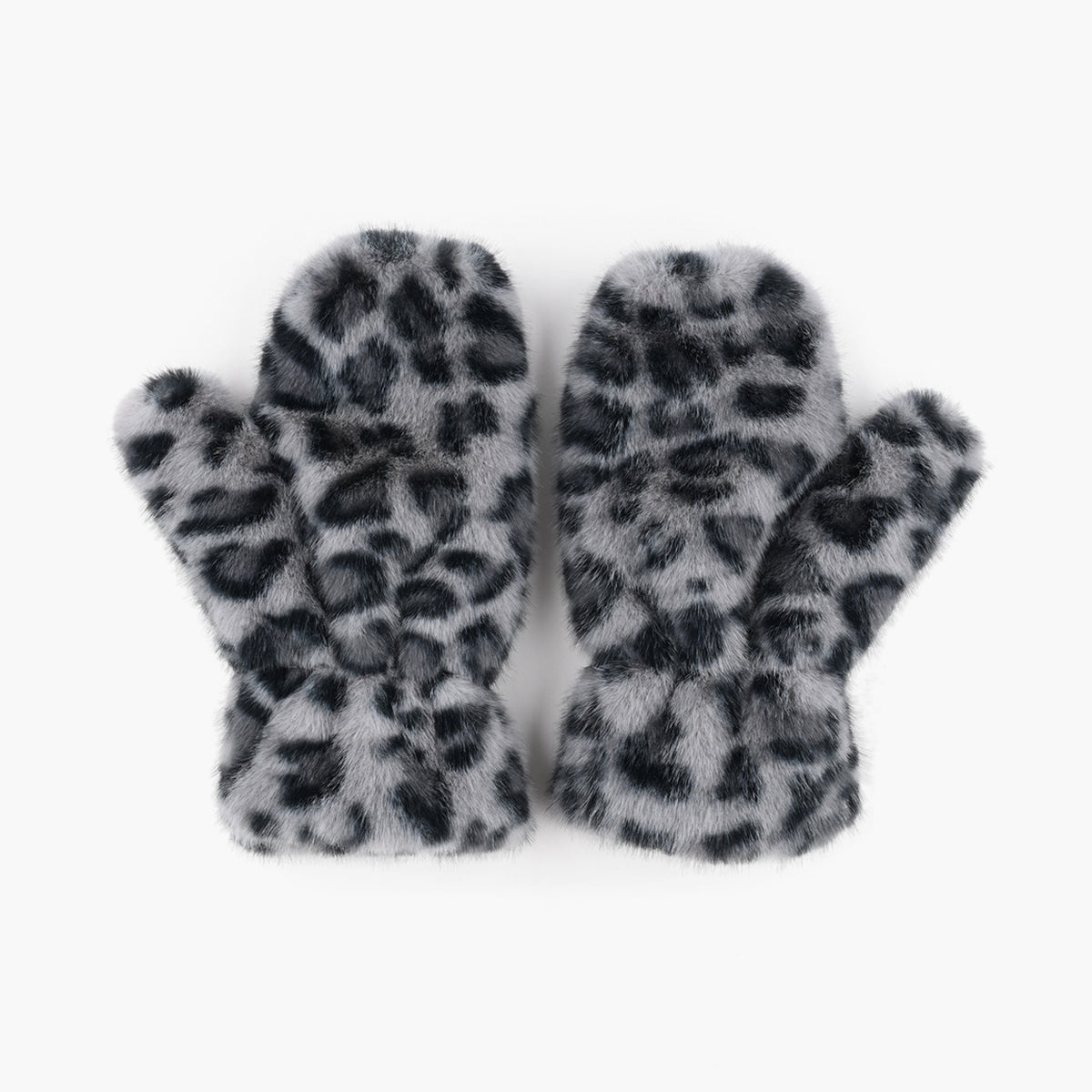 Fuzzy Faux Fur Leopard Sherpa Lined Mittens - Gray