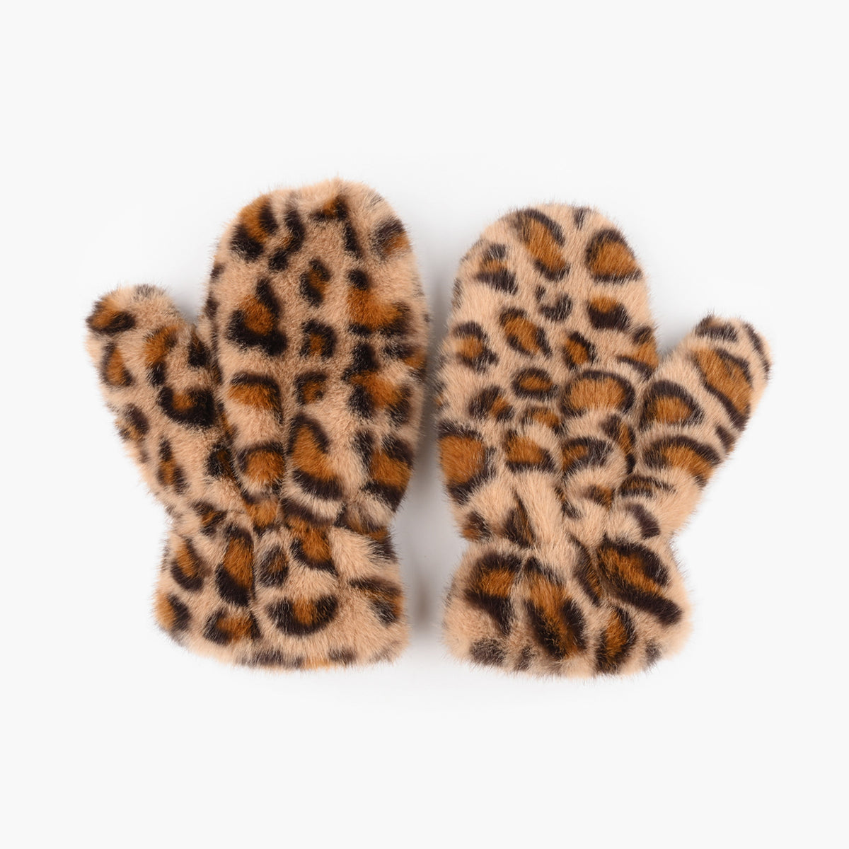 Fuzzy Faux Fur Leopard Sherpa Lined Mittens - Khaki