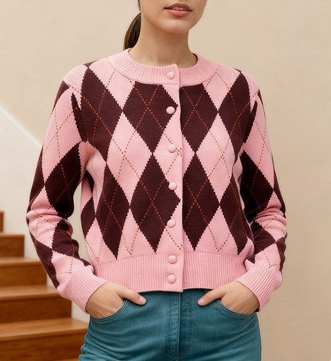 Argyle Diamond Button Front Knit Sweater - Pink