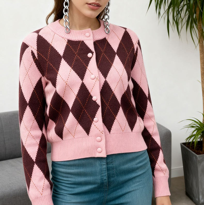 Argyle Diamond Button Front Knit Sweater - view 2