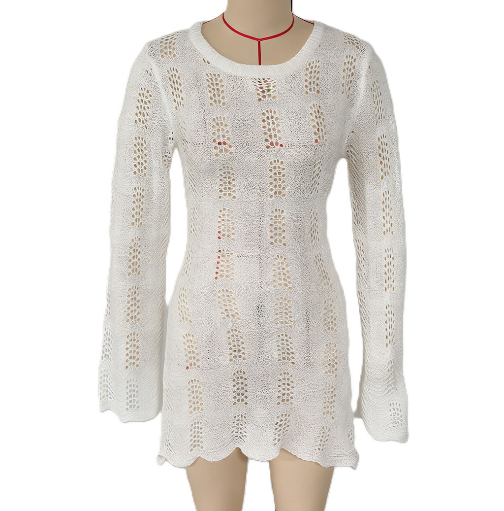 Crochet Open Back Long Sleeve Mini Dress - White - 1