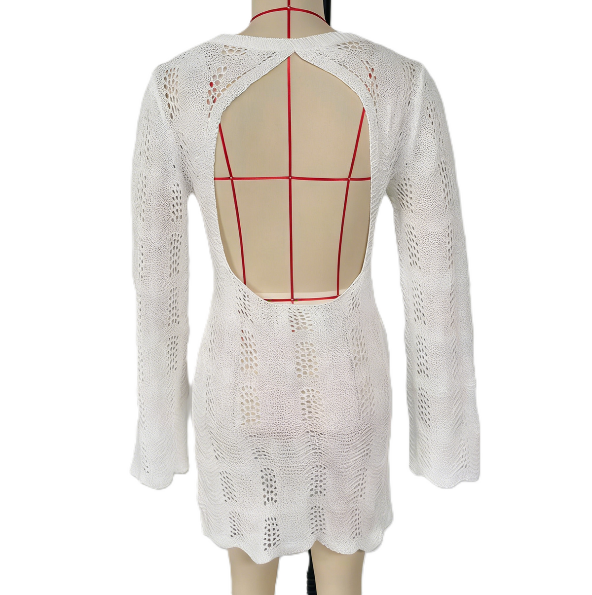 Crochet Open Back Long Sleeve Mini Dress - White - 2