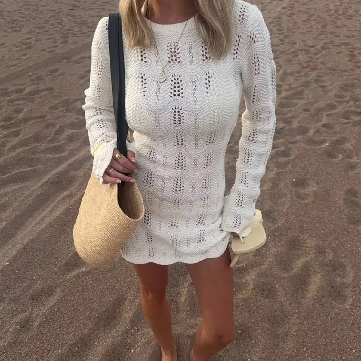 Crochet Open Back Long Sleeve Mini Dress - White - 3