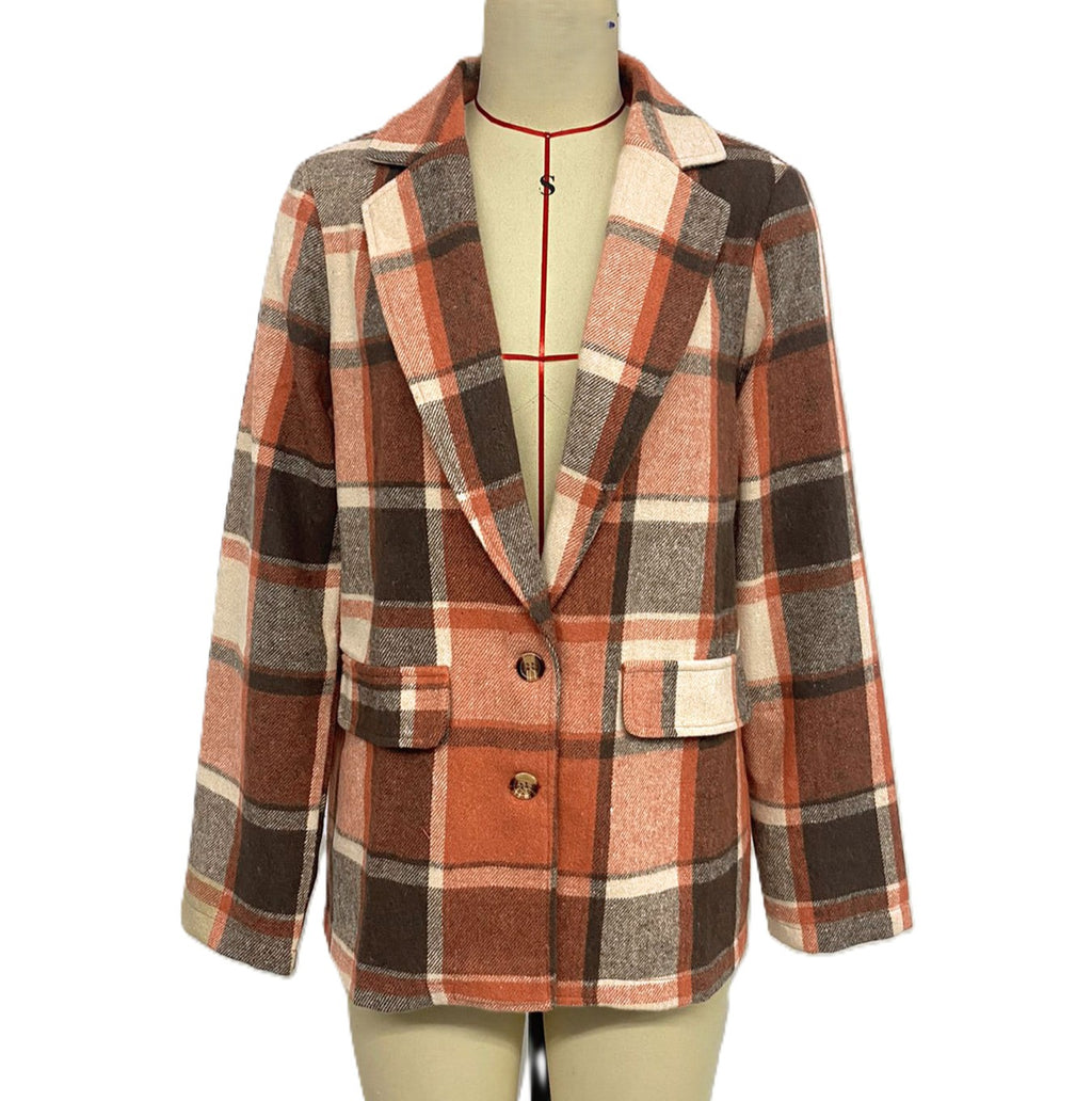 Vintage Plaid Notch Lapel Blazer Jacket - Orange