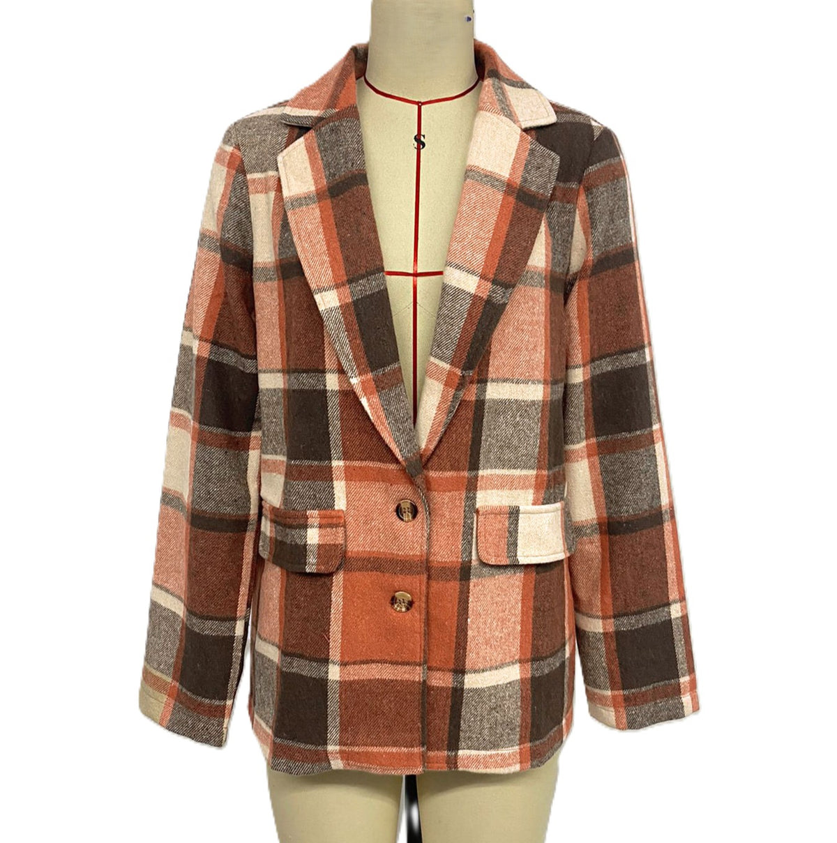 Vintage Plaid Notch Lapel Blazer Jacket - Orange