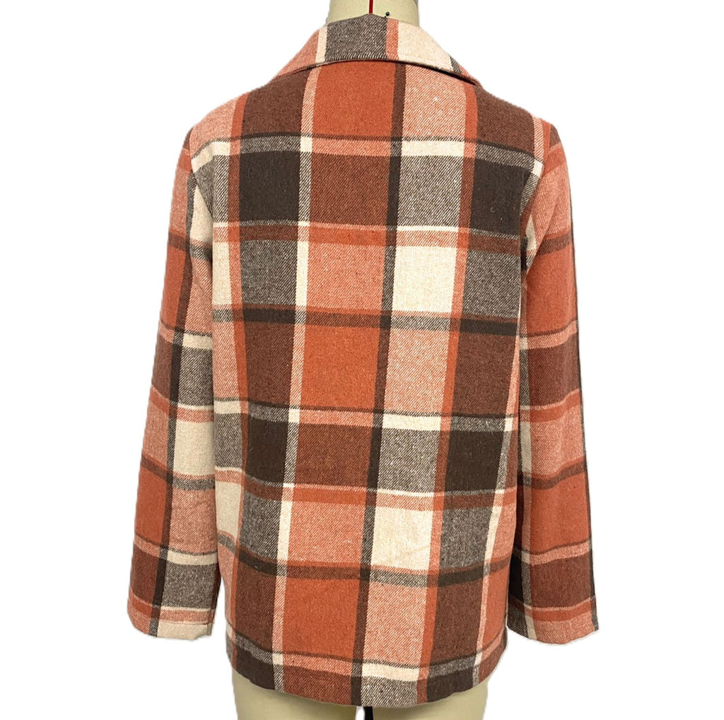 Vintage Plaid Notch Lapel Blazer Jacket - Orange - 1