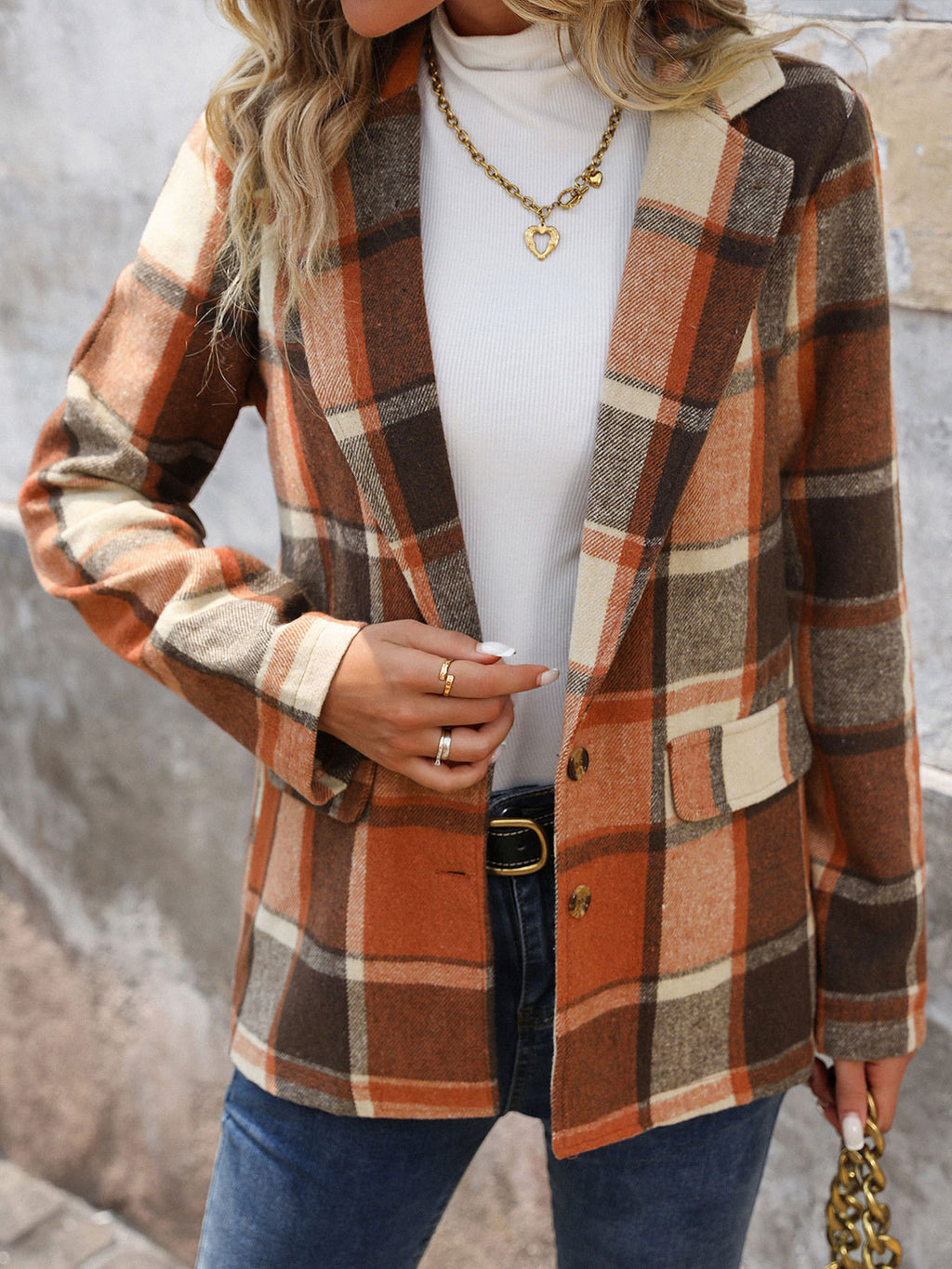 Vintage Plaid Notch Lapel Blazer Jacket - Orange - 3