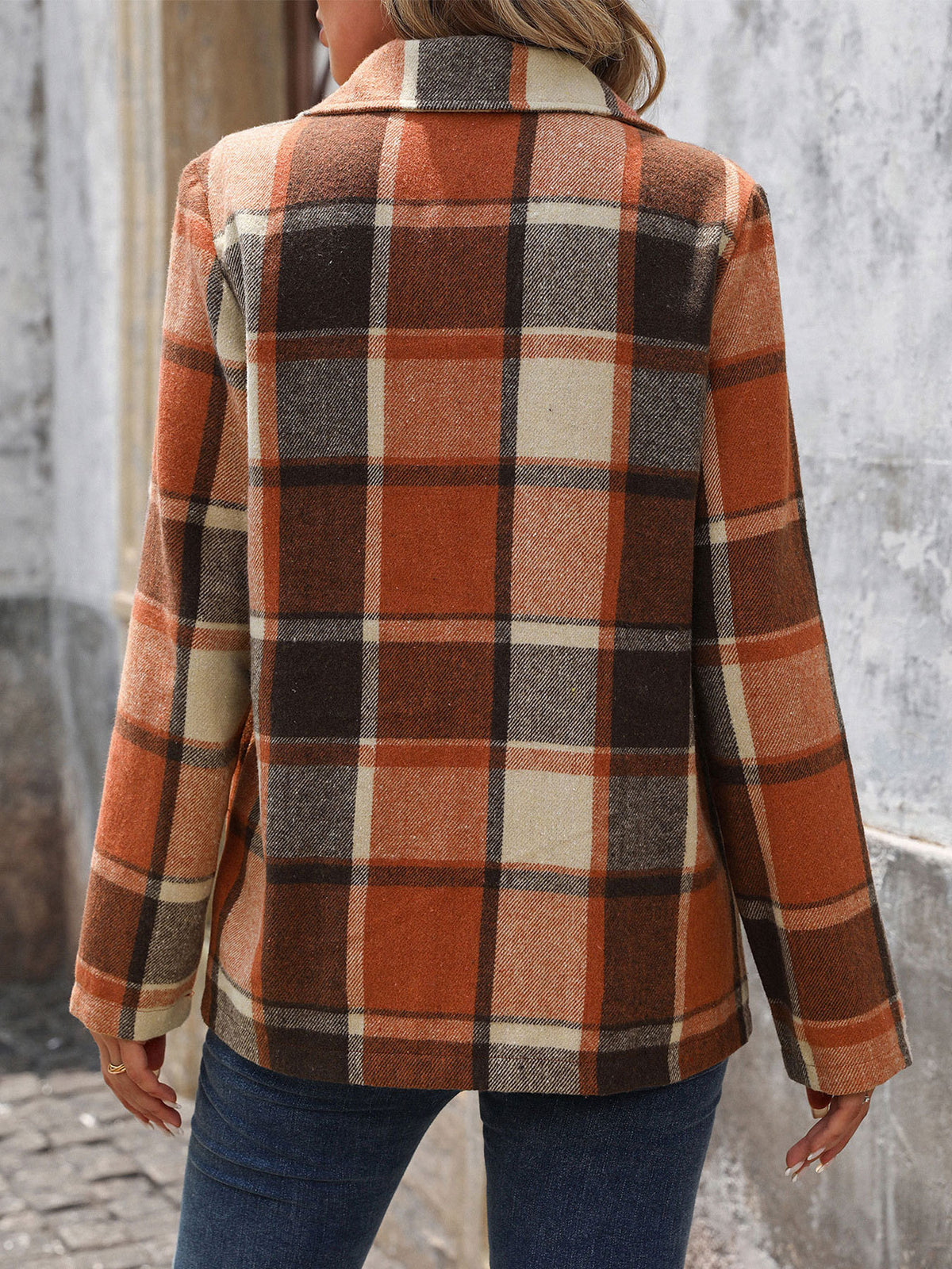 Vintage Plaid Notch Lapel Blazer Jacket - Orange - 4