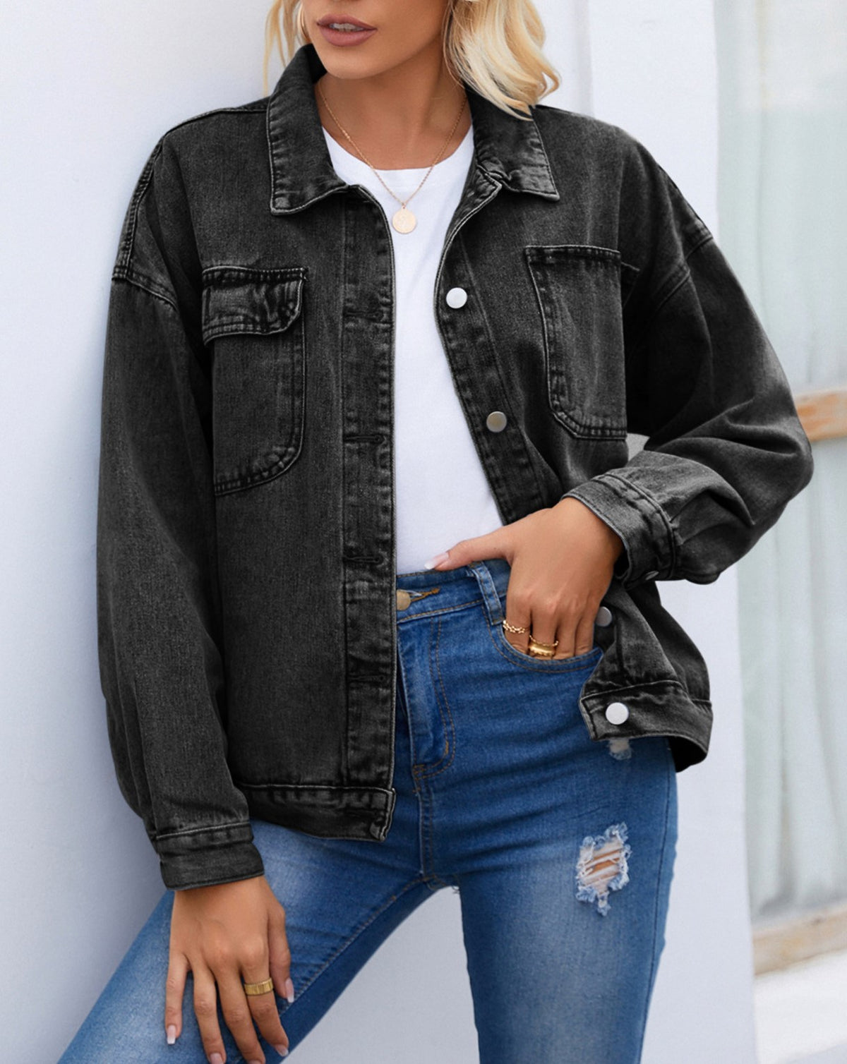 Drop Shoulder Chest Pocket Denim Jacket - Black