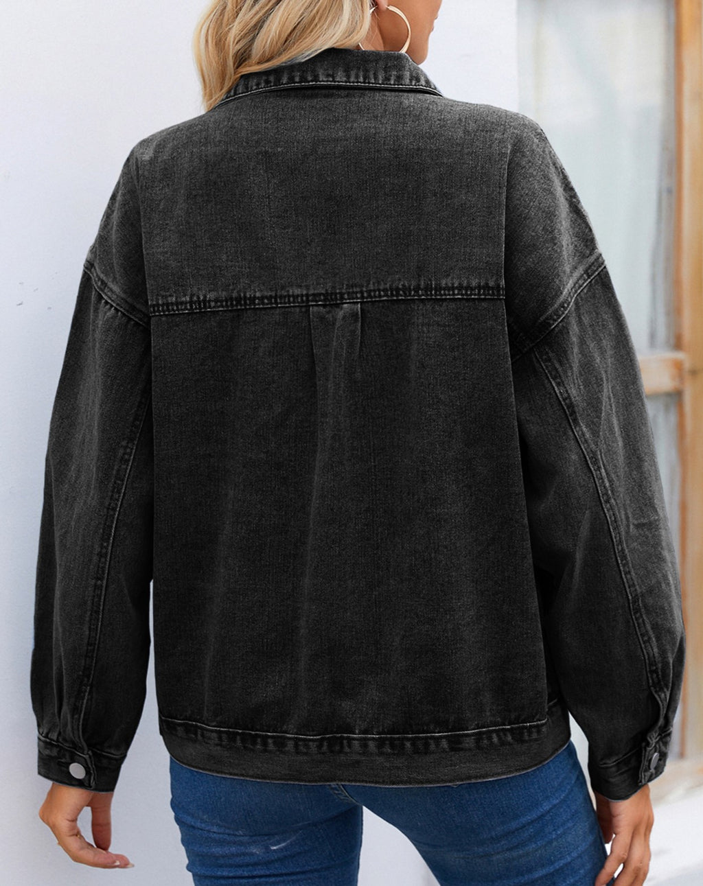 Drop Shoulder Chest Pocket Denim Jacket - Black - 1