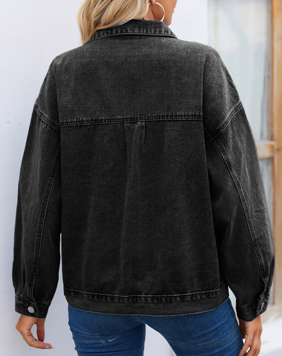 Drop Shoulder Chest Pocket Denim Jacket - Black - 1