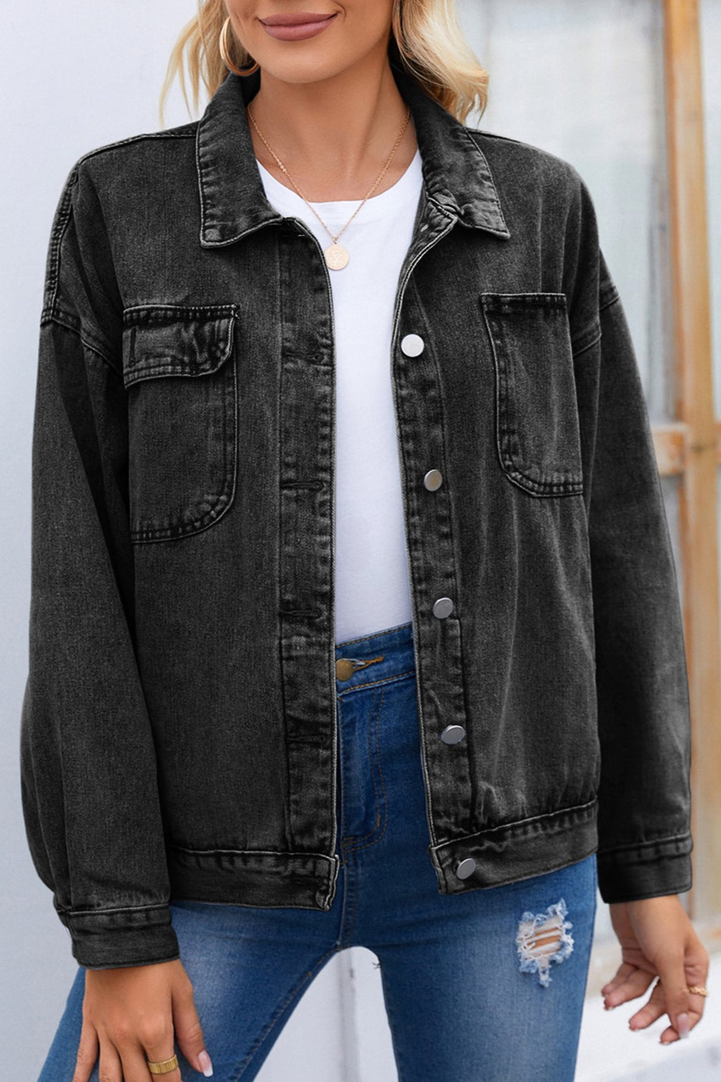 Drop Shoulder Chest Pocket Denim Jacket - Black - 2