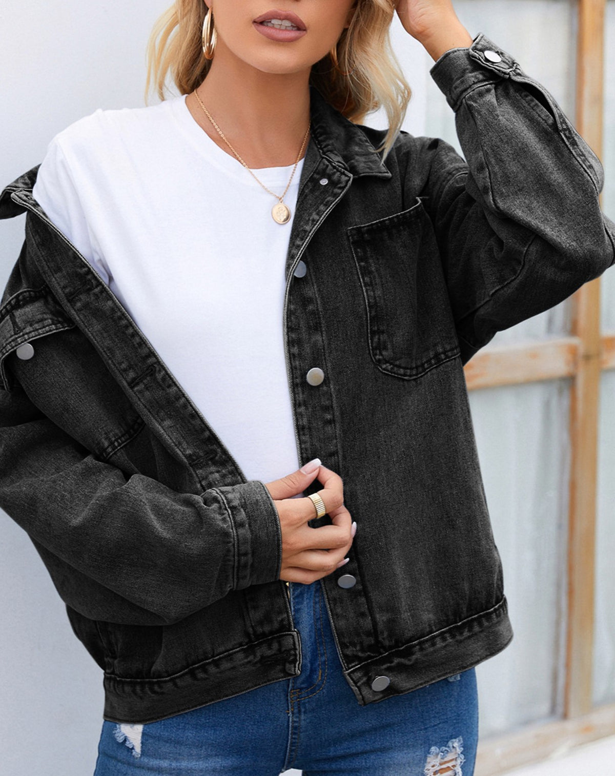 Drop Shoulder Chest Pocket Denim Jacket - Black - 3