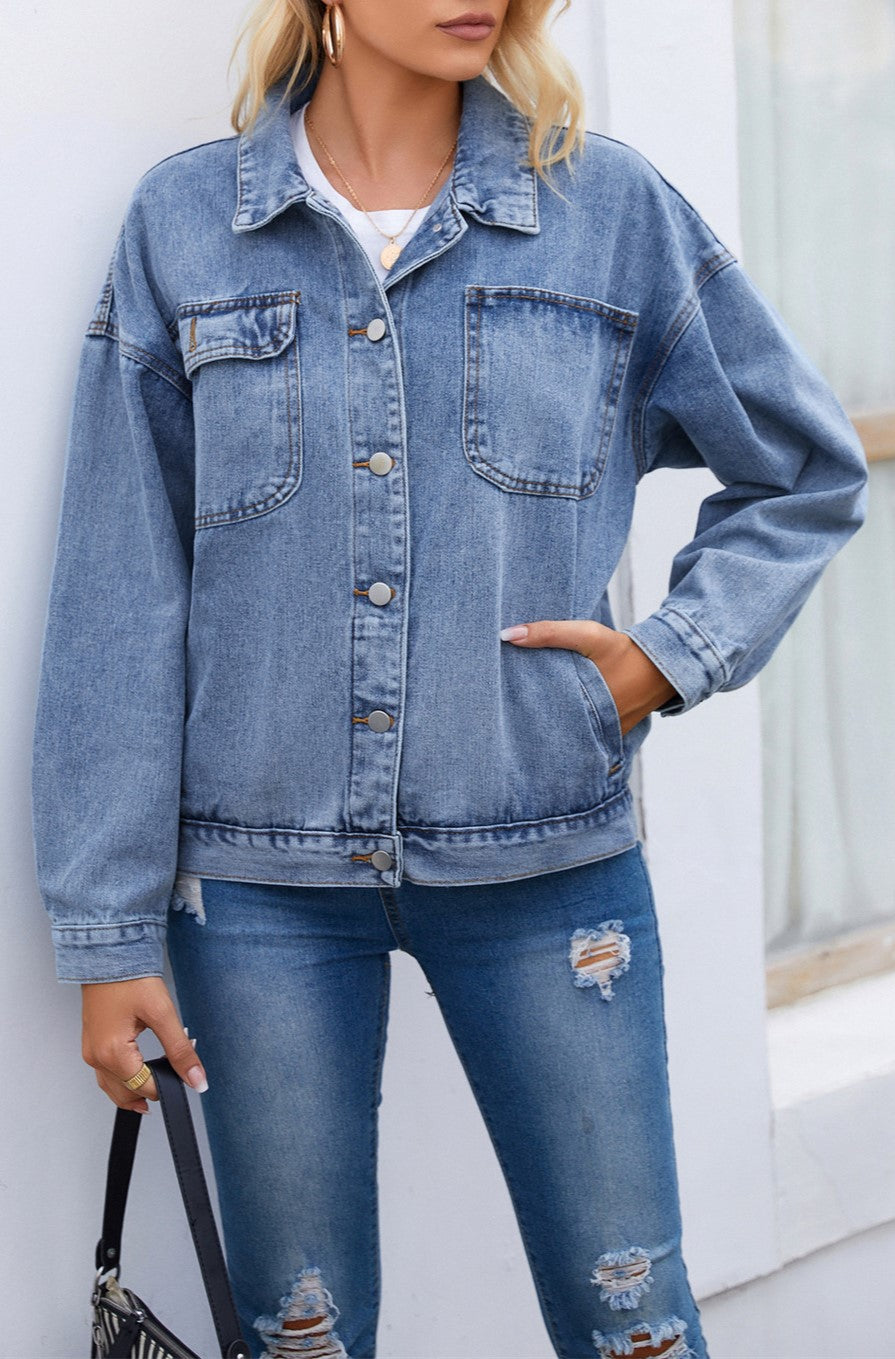 Drop Shoulder Chest Pocket Denim Jacket - Blue - 1