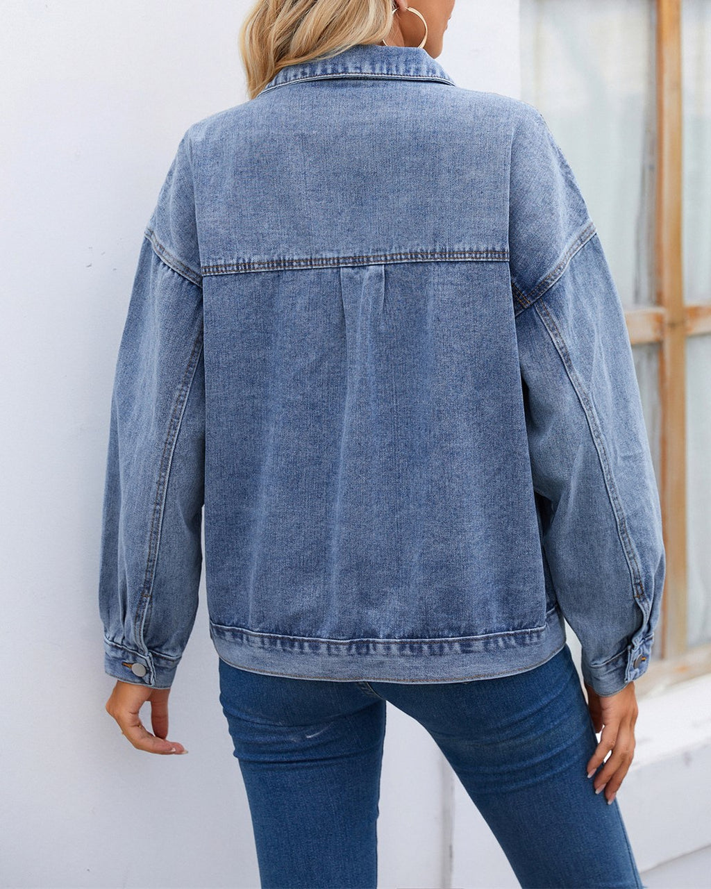 Drop Shoulder Chest Pocket Denim Jacket - Blue - 2