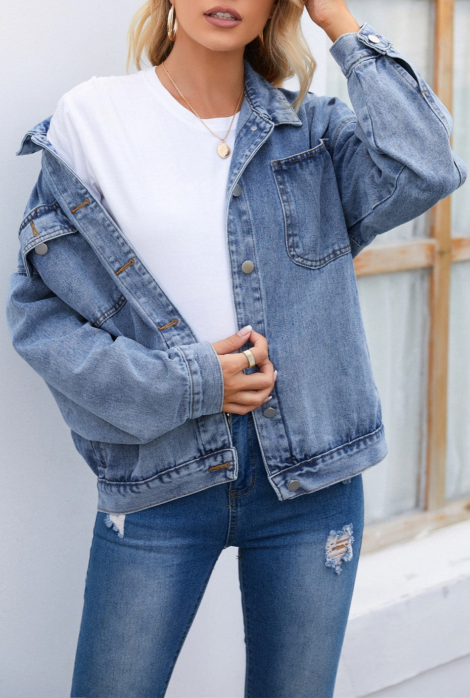 Drop Shoulder Chest Pocket Denim Jacket - Blue - 3