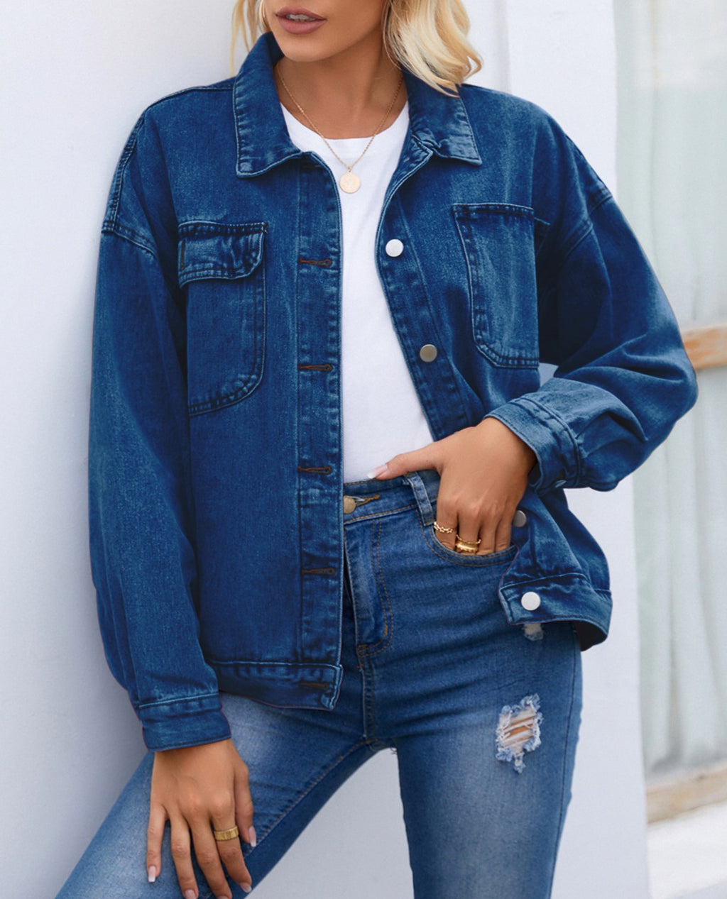Drop Shoulder Chest Pocket Denim Jacket - DarkBlue - 1
