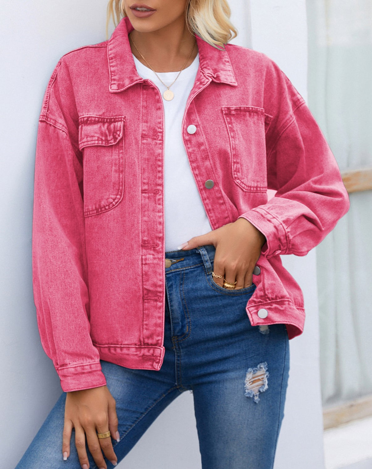 Drop Shoulder Chest Pocket Denim Jacket - Pink