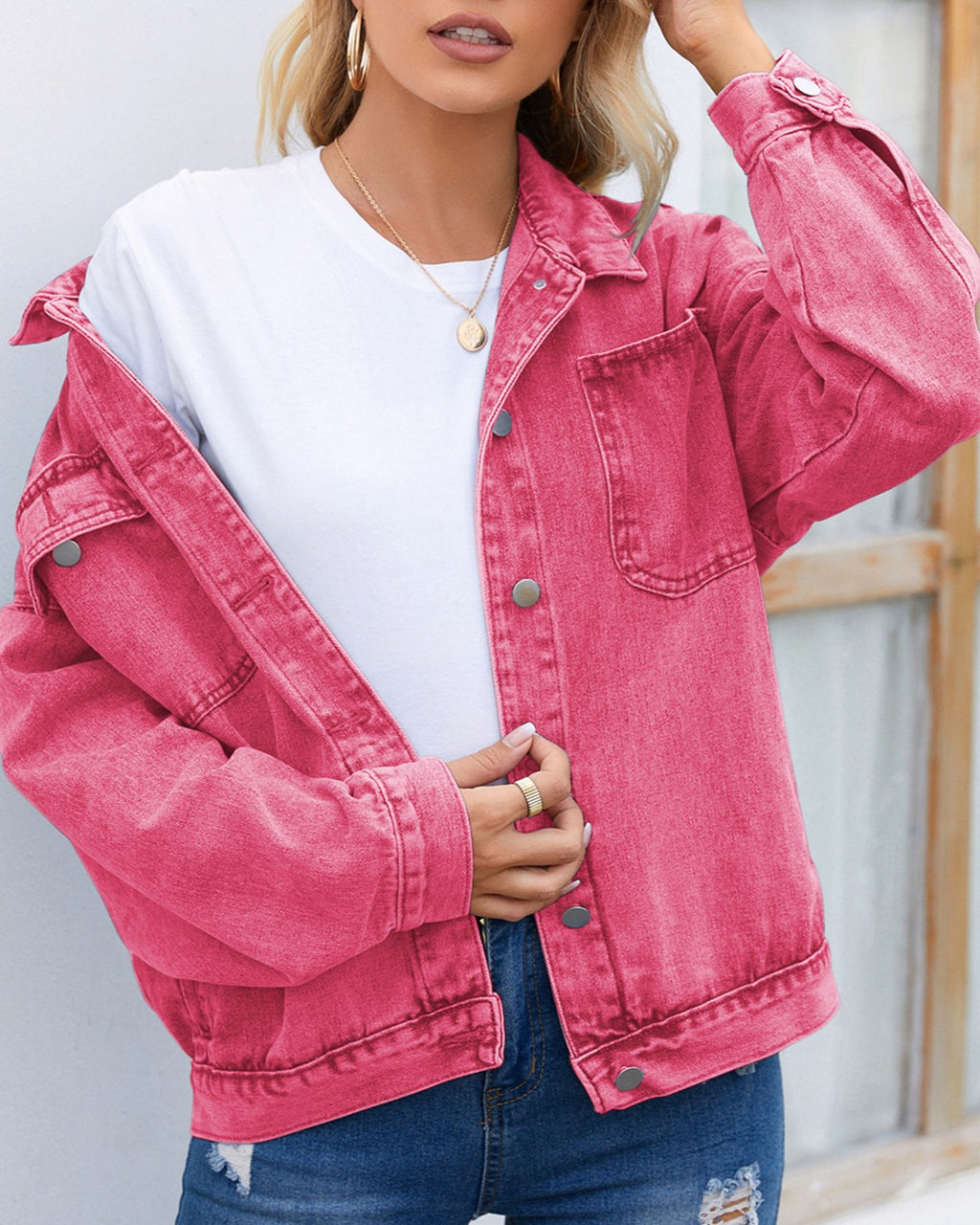 Drop Shoulder Chest Pocket Denim Jacket - Pink - 1