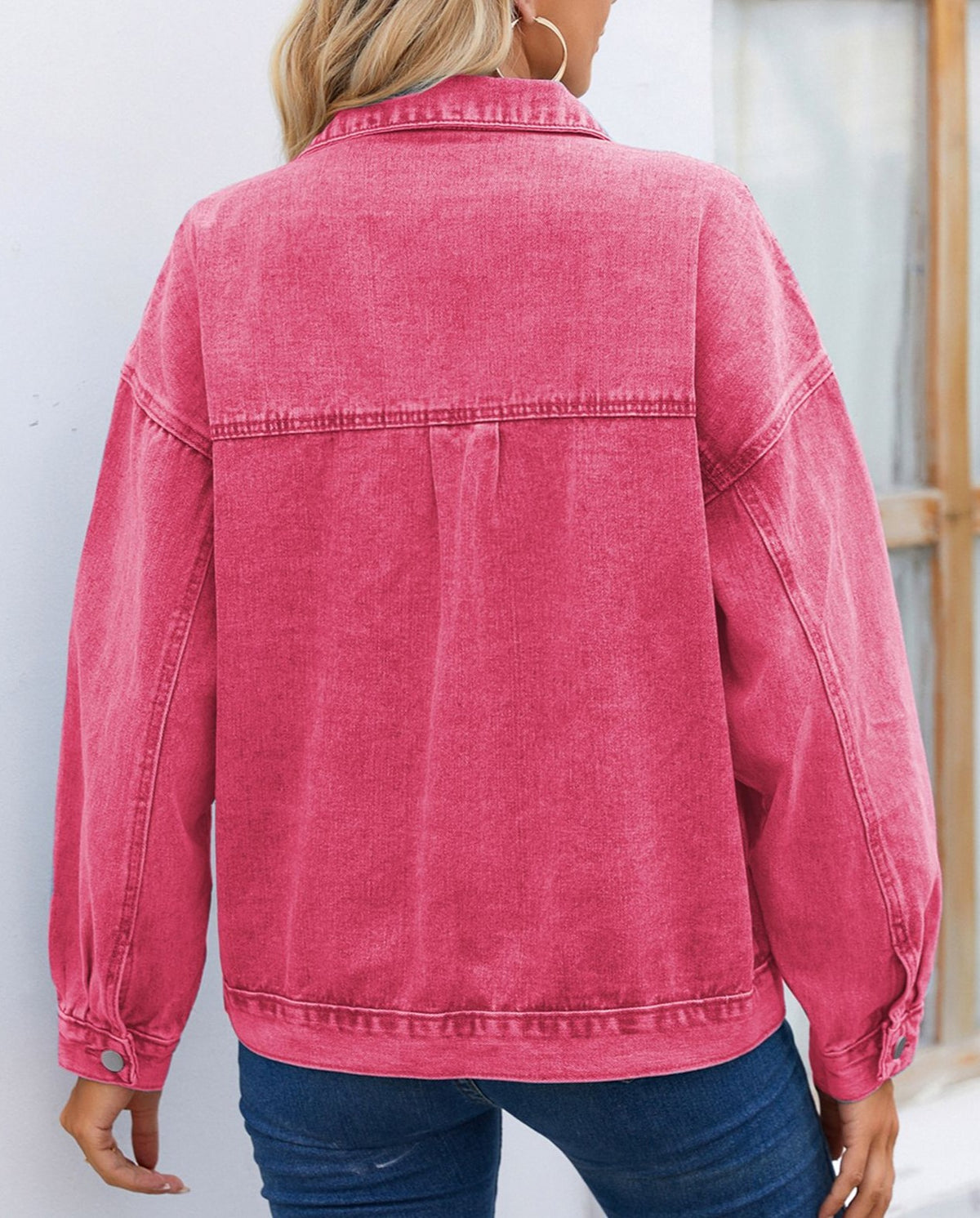 Drop Shoulder Chest Pocket Denim Jacket - Pink - 2