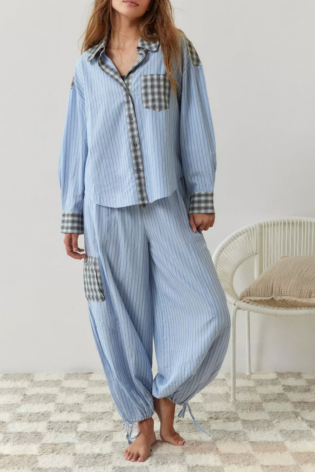 Patchwork Check Long Sleeve Pajama Set - Blue