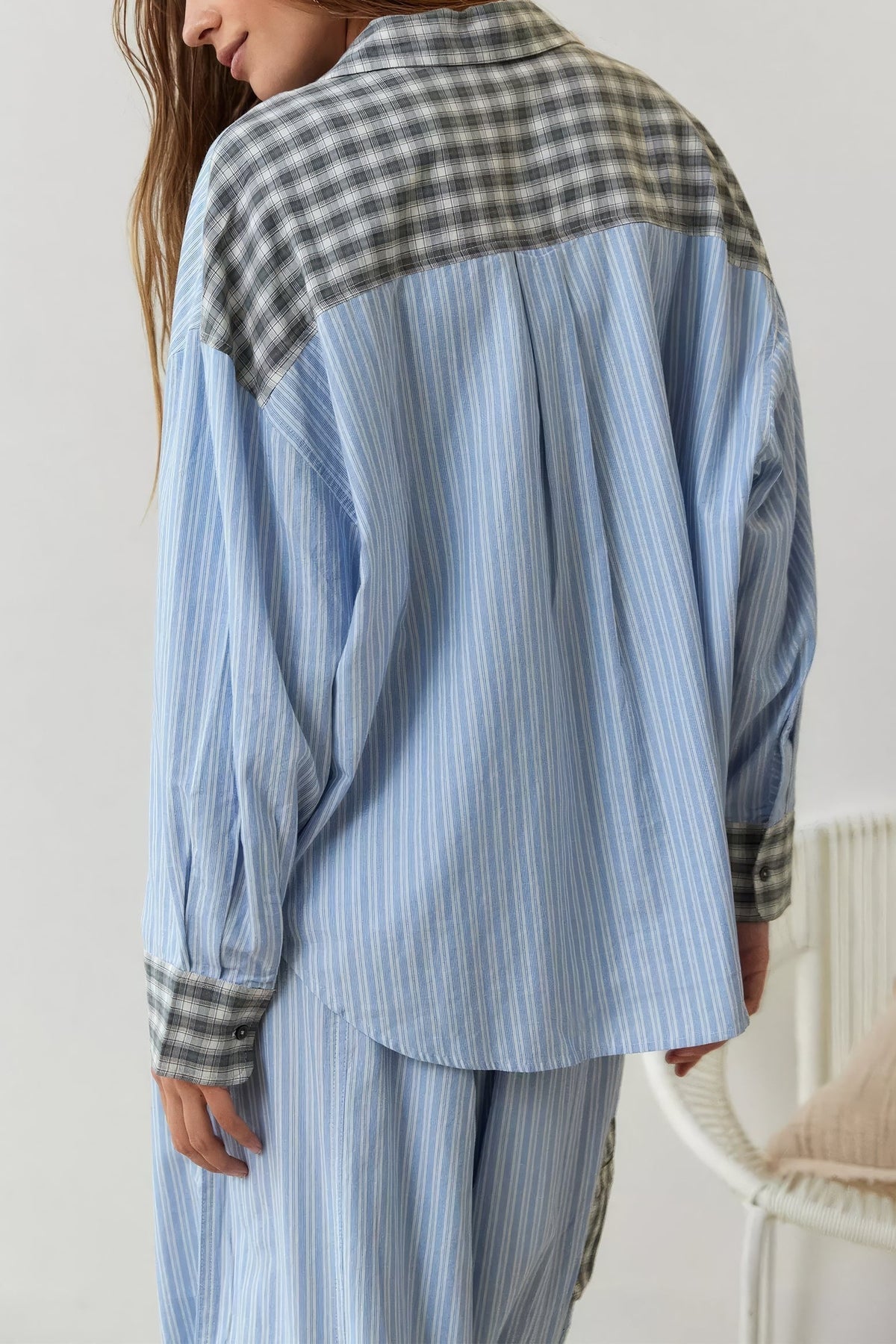 Patchwork Check Long Sleeve Pajama Set - Blue - 1