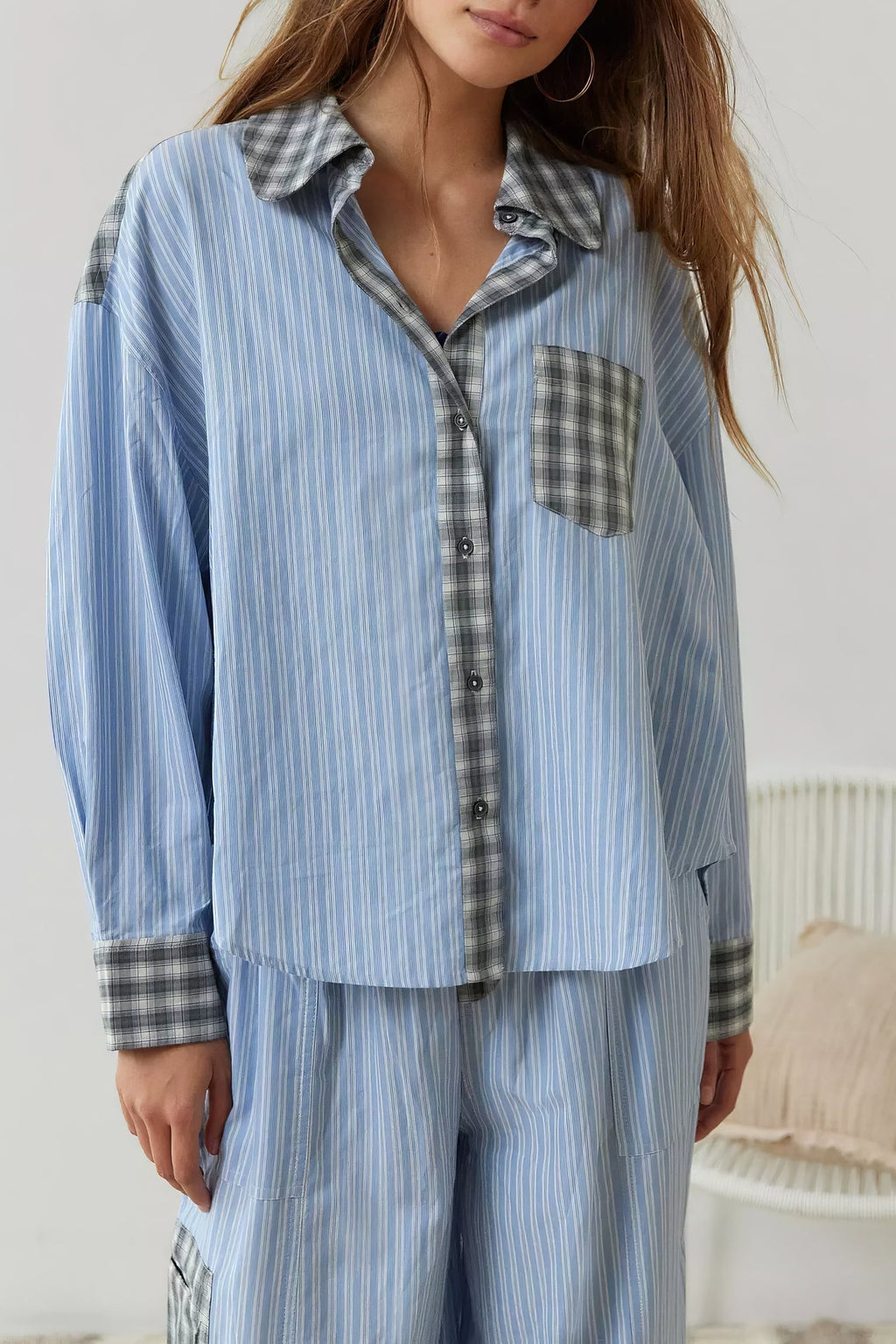 Patchwork Check Long Sleeve Pajama Set - Blue - 2
