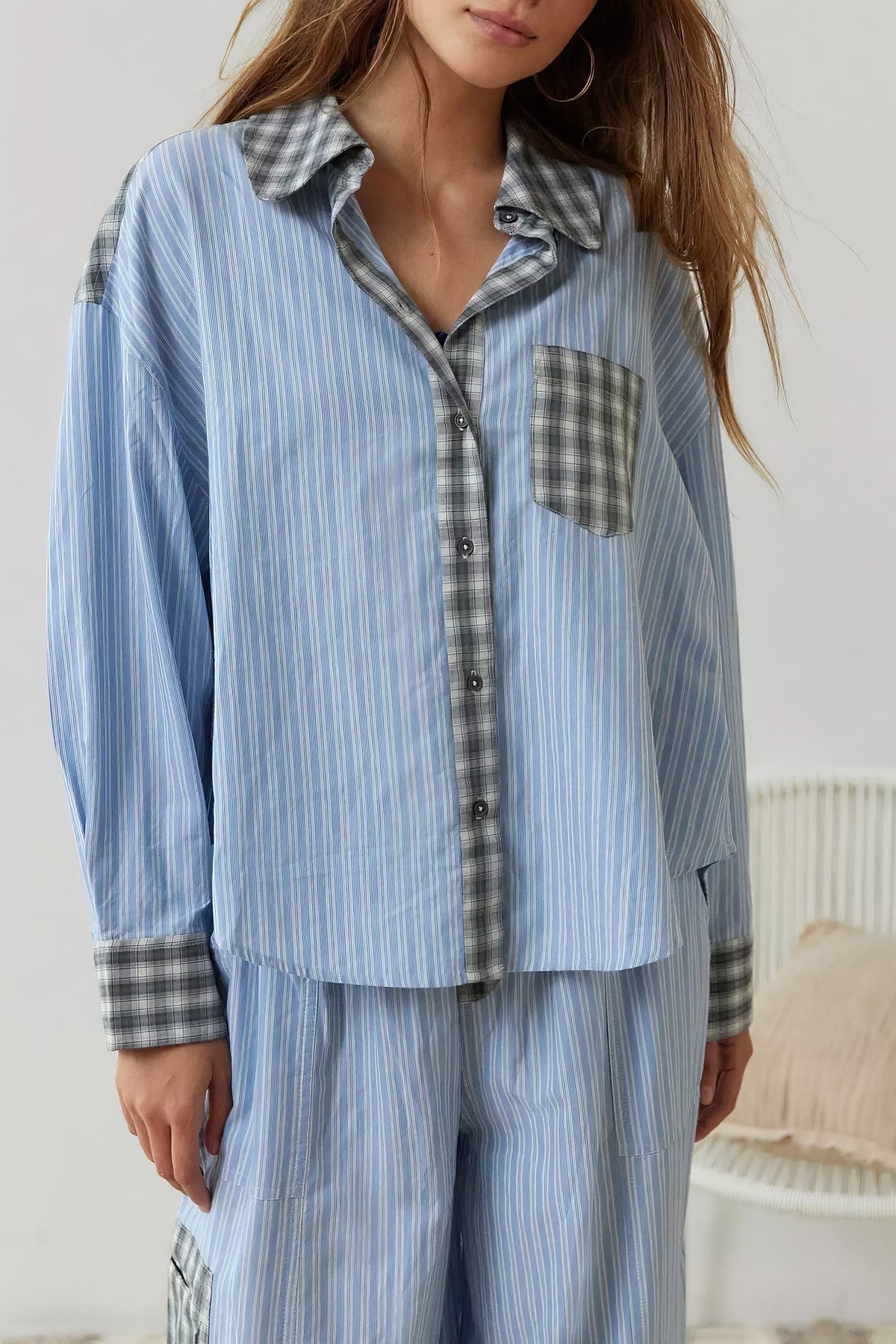 Patchwork Check Long Sleeve Pajama Set - Blue - 2