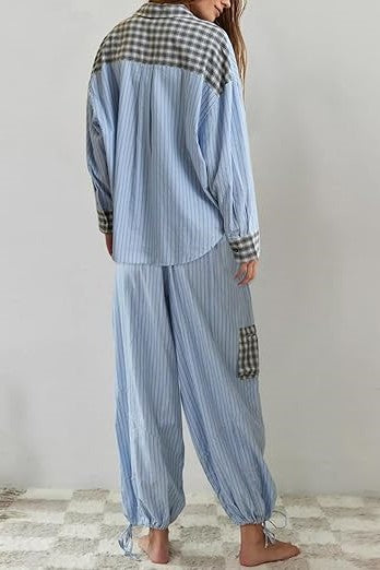 Patchwork Check Long Sleeve Pajama Set - Blue - 3
