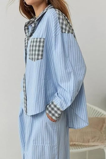 Patchwork Check Long Sleeve Pajama Set - Blue - 5