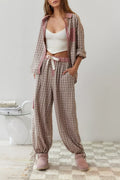 Patchwork Check Long Sleeve Pajama Set - Pink