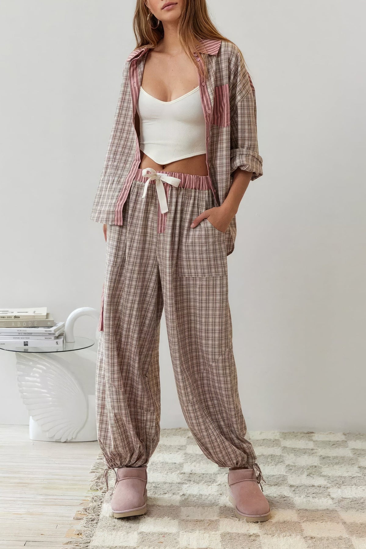 Patchwork Check Long Sleeve Pajama Set - Pink