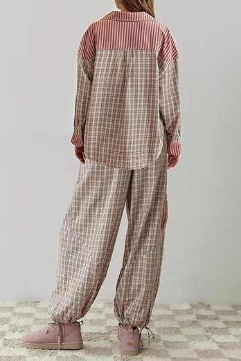 Patchwork Check Long Sleeve Pajama Set - Pink - 1