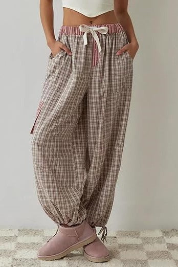 Patchwork Check Long Sleeve Pajama Set - Pink - 2