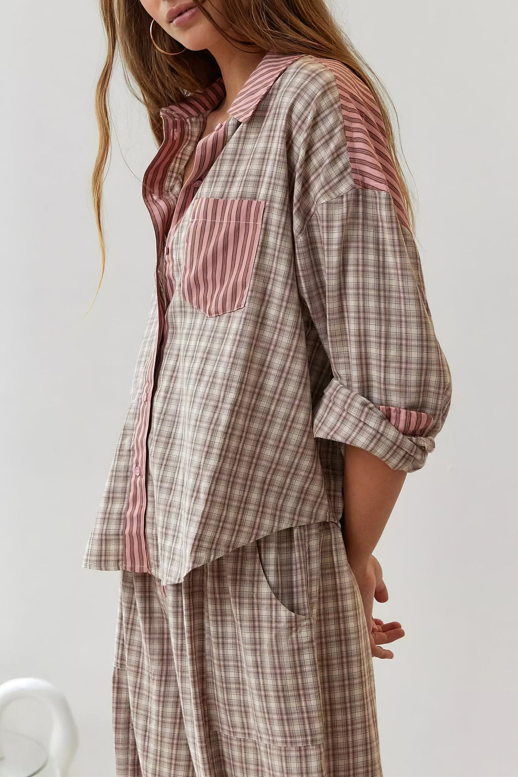 Patchwork Check Long Sleeve Pajama Set - Pink - 3