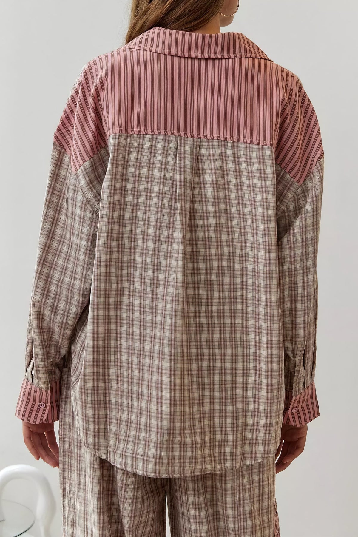 Patchwork Check Long Sleeve Pajama Set - Pink - 4