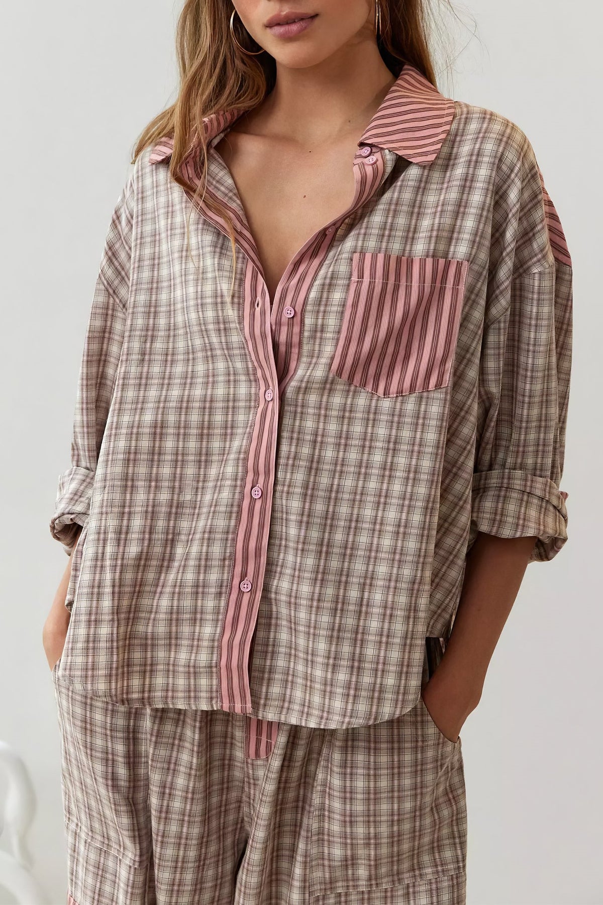 Patchwork Check Long Sleeve Pajama Set - Pink - 5