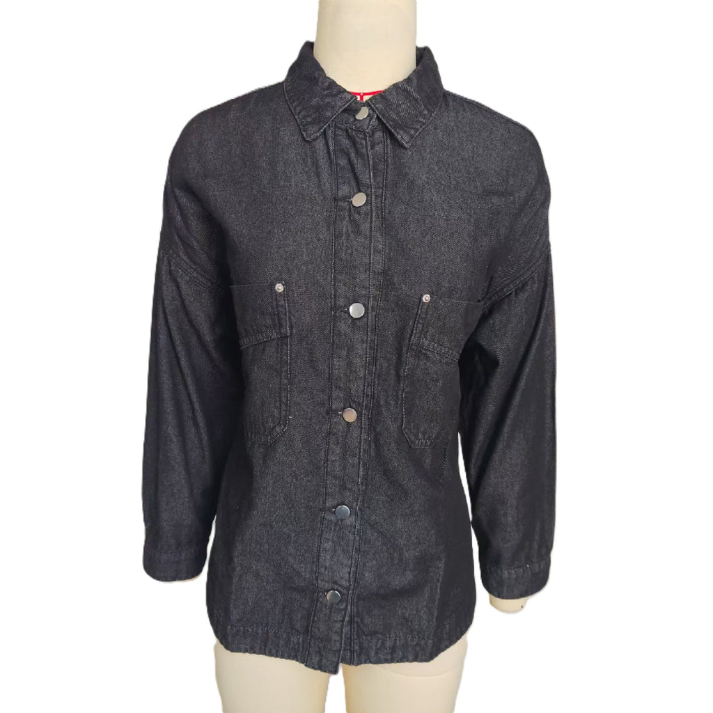 Relaxed Denim Overshirt With Curved Hem - Black