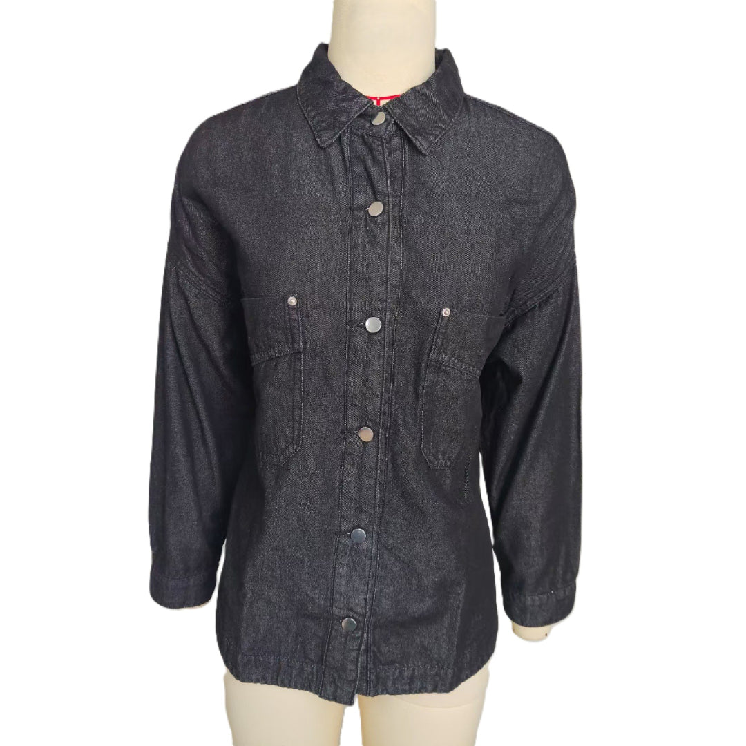 Relaxed Denim Overshirt With Curved Hem - Black