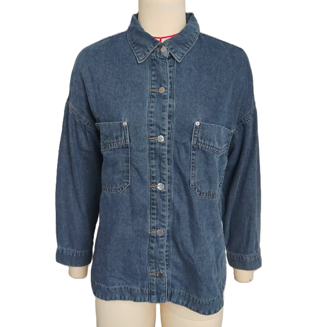 Relaxed Denim Overshirt With Curved Hem - Blue