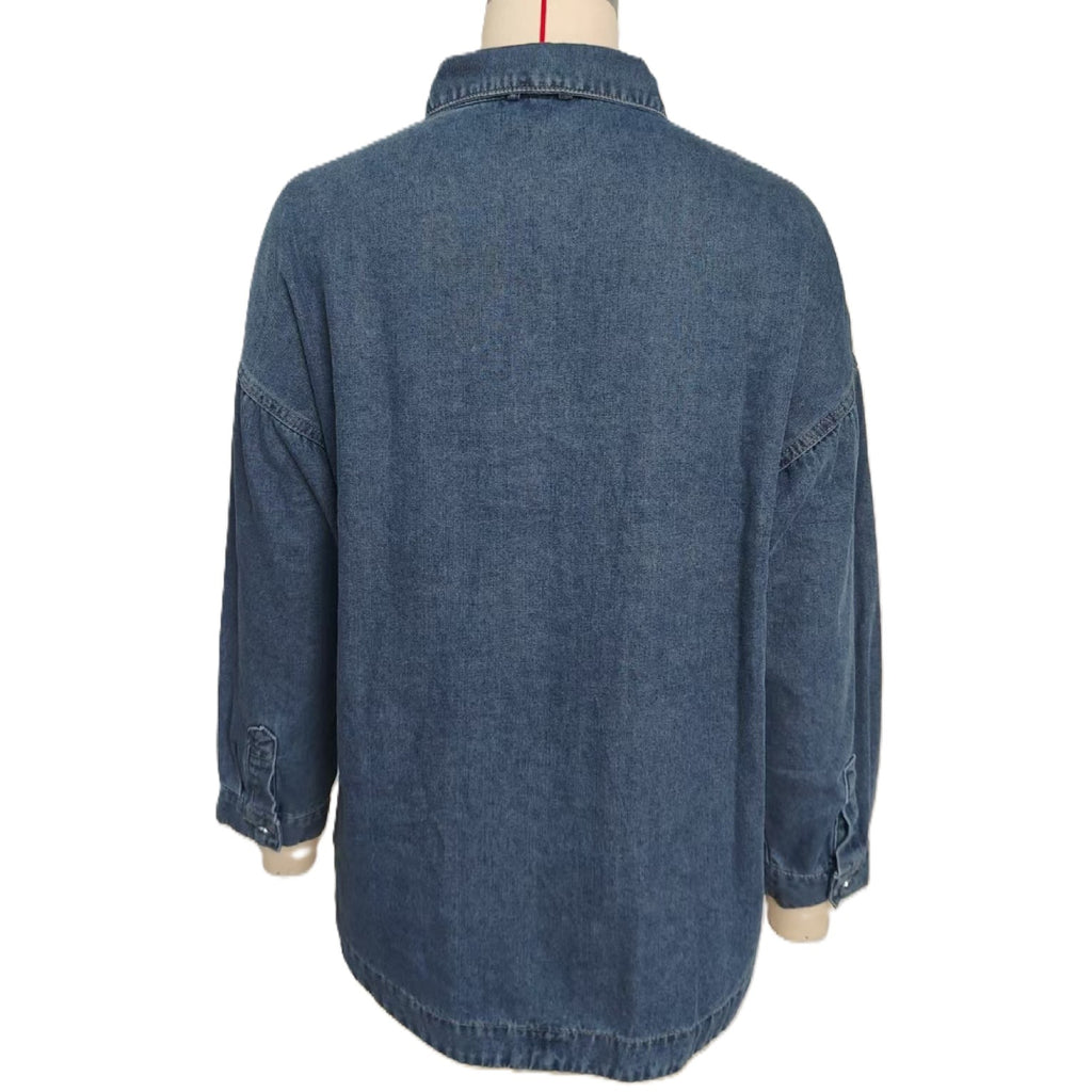Relaxed Denim Overshirt With Curved Hem - Blue - 1