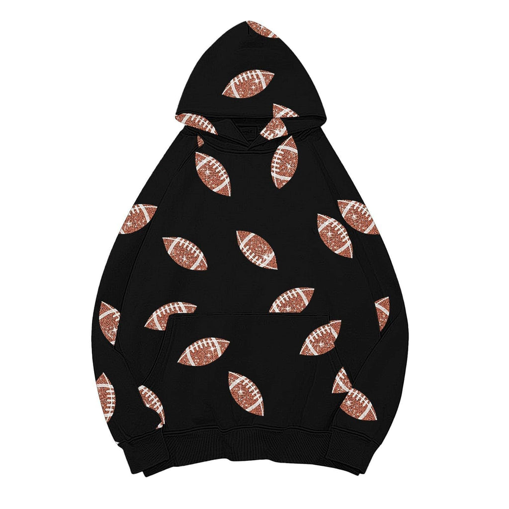 Football Print Oversized Pullover Hoodie - Black