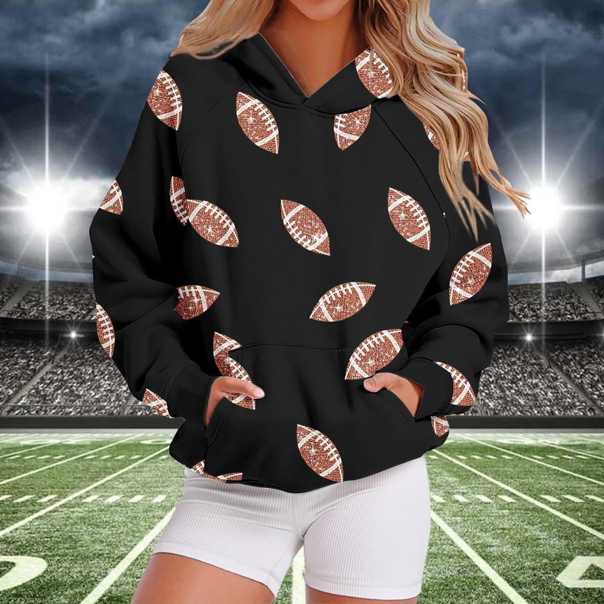 Football Print Oversized Pullover Hoodie - Black - 2