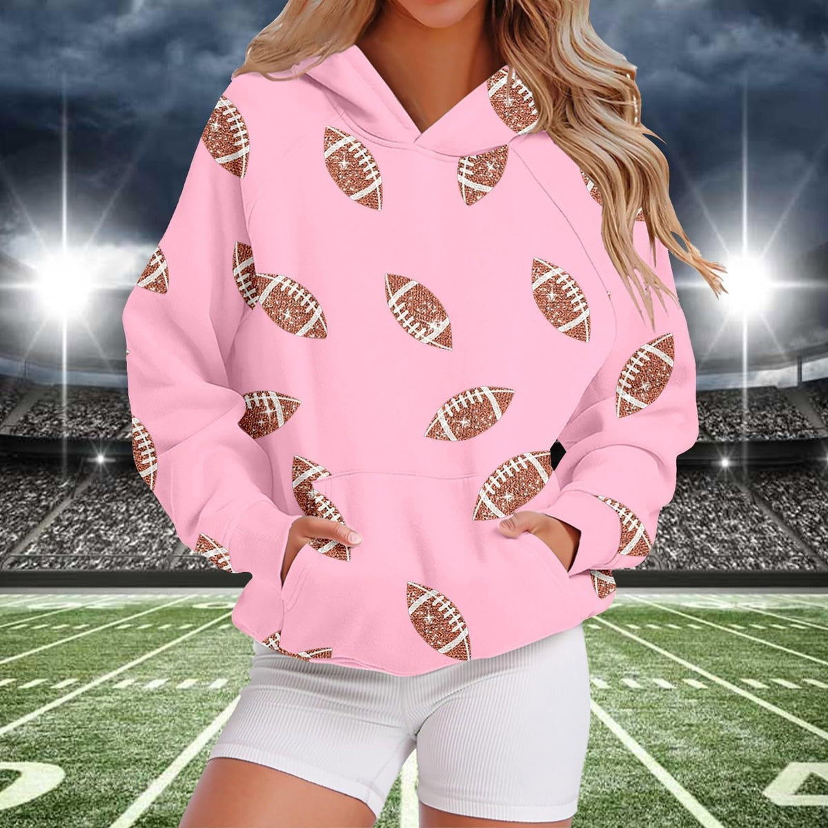 Football Print Oversized Pullover Hoodie - Pink - 1