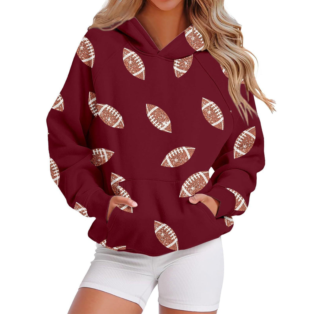 Football Print Oversized Pullover Hoodie - WineRed - 2