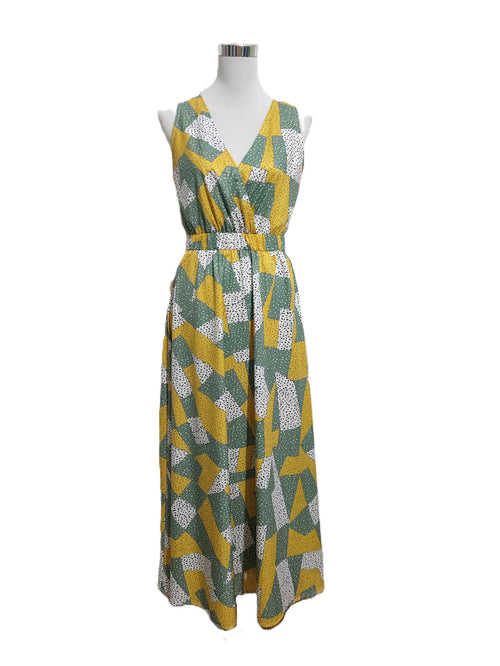 Abstract Patchwork Print Sleeveless Maxi Dress - Yellow