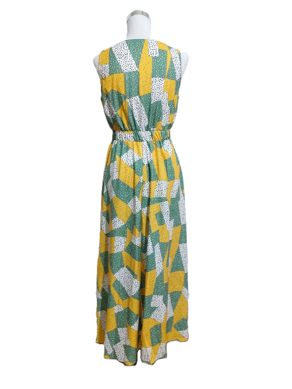 Abstract Patchwork Print Sleeveless Maxi Dress - Yellow - 1
