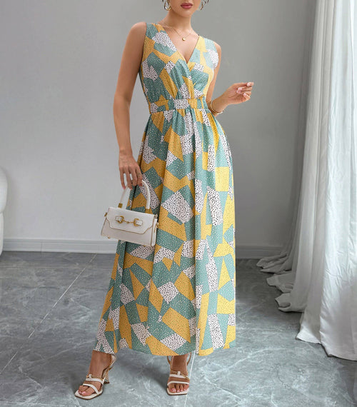 Abstract Patchwork Print Sleeveless Maxi Dress